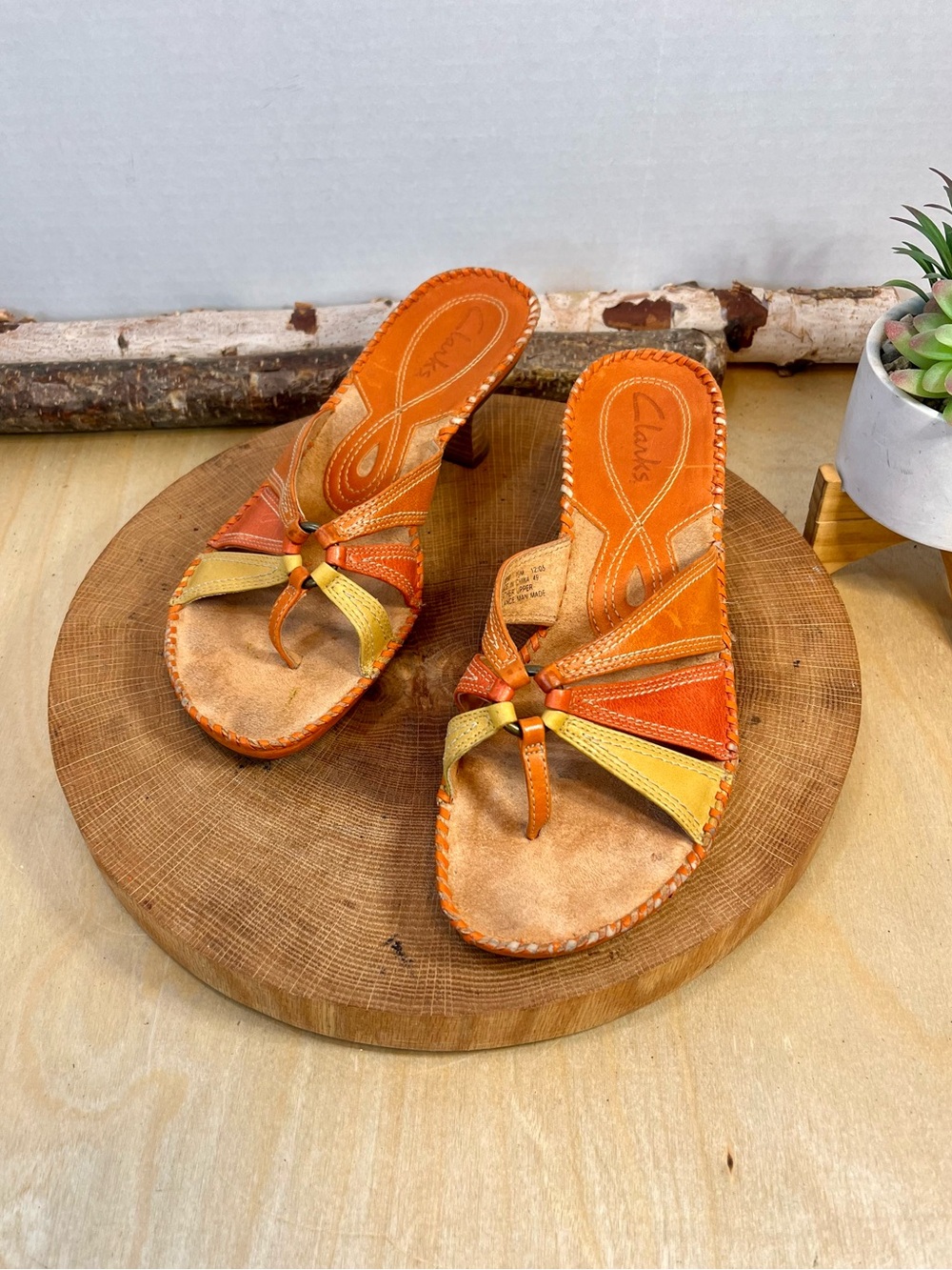 Clarks Orange Leather Multi-Strip Slide Sandals with Yellow Accents
 size 7.5